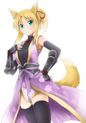 Rule 34 | 10s, 1girl, animal ears, black thighhighs, blonde hair, breasts, dog days, fox ears, fox tail, green eyes, hand on own hip, hand on own chest, japanese clothes, jewelry, large breasts, long hair, looking at viewer, michii yuuki, ponytail, solo, tail, thighhighs, transparent background, yukikaze panettone