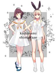 Rule 34 | 2girls, ahoge, alternate costume, blonde hair, blue footwear, brown eyes, character name, commentary, dress, floral background, full body, grey background, hand on own hip, highres, kantai collection, kishinami (kancolle), long hair, multiple girls, neckerchief, purple hair, shimakaze (kancolle), shishanmo, short hair, shorts, standing, two-tone background, white background, white dress, white footwear, white shorts, yellow eyes