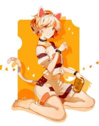 Rule 34 | 1girl, animal ears, bell, calico, cat ears, cat girl, cat tail, coin, dianguang qishi, gold, goutokuji mike, highres, kneeling, koban (gold), maneki-neko, multicolored clothes, multicolored shirt, multicolored shorts, multicolored tail, neck bell, open mouth, patch, patchwork clothes, paw pose, shorts, solo, star (symbol), tail, touhou