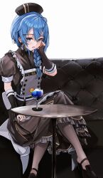 Rule 34 | 1girl, absurdres, anizi, apron, black dress, black gloves, black hat, black pantyhose, blue eyes, blue hair, braid, buttons, chest belt, cocktail, cocktail glass, coffee table, collared dress, couch, cropped, cup, double-breasted, double-parted bangs, dress, drinking glass, elbow gloves, fingerless gloves, gloves, grey apron, hair between eyes, hair ornament, hair over shoulder, hairclip, hat, highres, hololive, hoshimachi suisei, hoshimachi suisei (maid), long hair, looking at viewer, maid, nurse cap, official alternate costume, official alternate hairstyle, on couch, open mouth, pantyhose, puffy short sleeves, puffy sleeves, see-through, see-through sleeves, short sleeves, side braid, side slit, single braid, sitting, solo, star (symbol), star in eye, strappy heels, symbol in eye, table, tucking hair, virtual youtuber