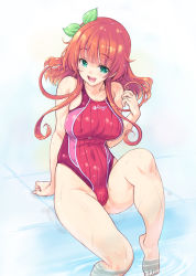 Rule 34 | 1girl, arm support, barefoot, blush, breasts, competition swimsuit, covered erect nipples, covered navel, food, fruit, green eyes, hair ribbon, highres, kiyama satoshi, long hair, one-piece swimsuit, open mouth, original, poolside, red hair, revision, ribbon, shiny skin, sitting, skindentation, smile, soaking feet, solo, swimsuit, water, wet