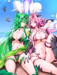 Rule 34 | 2girls, absurdres, ahoge, arm behind head, arm up, artist name, bare shoulders, beach, bikini, blue sky, blush, braid, breasts, claws, cleavage, cloud, collarbone, commentary request, cup, day, dragon girl, dragon horns, dragon tail, drinking straw, drinking straw in mouth, eyewear on head, flower tattoo, front-tie bikini top, front-tie top, g (genesis1556), green bikini, green eyes, green hair, green sarong, green tail, groin, hair between eyes, hand on another&#039;s thigh, heart o-ring, heart ring top, heterochromia, highres, holding, holding cup, horns, karutia (g (genesis1556)), knee up, large breasts, layered bikini, leia (g (genesis1556)), long hair, looking at viewer, midriff, monster girl, multiple girls, navel, ocean, one eye closed, orca, original, outdoors, parted bangs, pink bikini, pink eyes, pink hair, red eyes, rio (g (genesis1556)), sarong, scales, scar, scar on stomach, shadow, shark, sidelocks, sitting, sky, smile, sunglasses, swimsuit, tail, tattoo, thigh strap, twin braids, uppercut, very long hair, wavy hair, whale, white whale