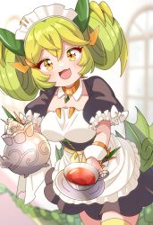 1girl apron black_dress breasts cup dragon_girl dragon_horns dragon_tail dress duel_monster frilled_sleeves frills green_hair highres horns looking_at_viewer maid maid_headdress medium_breasts mmmera827 parlor_dragonmaid smile solo tail tea teacup teapot twintails yellow_eyes yu-gi-oh!