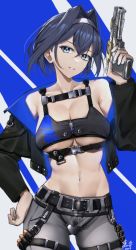 Rule 34 | 1girl, absurdres, alternate costume, bad id, bad pixiv id, bare shoulders, belt, black belt, black jacket, blue eyes, blue hair, blue jacket, breasts, bullet, bustier, contrapposto, cowboy shot, cropped jacket, crotch plate, dated, finger on trigger, grey pants, gun, hair intakes, hairband, hand on own hip, handgun, harness, head tilt, highres, holding, holding gun, holding weapon, hololive, hololive english, jacket, keisuke desu~, large breasts, long sleeves, looking at viewer, multicolored clothes, multicolored jacket, navel, off shoulder, open clothes, open jacket, ouro kronii, pants, parted lips, short hair, signature, solo, stomach, thigh strap, two-tone jacket, underboob, virtual youtuber, weapon, white hairband, zipper pull tab
