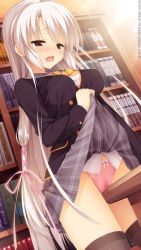 Rule 34 | 1girl, ayachi nene, breasts, clothes lift, crotch rub, female masturbation, game cg, indoors, large breasts, long hair, masturbation, muririn, open mouth, panties, pink panties, plaid, plaid skirt, pussy juice, sanoba witch, school uniform, silver hair, skirt, skirt lift, solo, table, table humping, tagme, thighhighs, underwear, upskirt, very long hair, yuzusoft