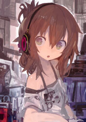 Rule 34 | 1girl, :o, absurdres, arm rest, brown eyes, brown hair, eyebrows hidden by hair, folded ponytail, hair between eyes, headphones, highres, inazuma (kancolle), indoors, kaamin (mariarose753), kantai collection, medium hair, no nose, off-shoulder shirt, off shoulder, open mouth, shirt, solo, upper body, white shirt