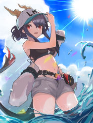 Rule 34 | 1girl, :d, absurdres, adjusting clothes, adjusting headwear, arknights, bare arms, bare shoulders, baseball cap, belt, bikini, black bikini, blue sky, ch&#039;en (arknights), ch'en (arknights), cloud, commentary request, cowboy shot, day, dragon horns, dragon tail, female tourist c (arknights), furuki ayaginutaira, grey shorts, hand up, hat, highres, horns, horns through headwear, long hair, looking at viewer, navel, official alternate costume, open fly, open mouth, partial commentary, pouch, purple hair, red eyes, short shorts, shorts, sidelocks, sky, smile, solo, standing, stomach, sun, swimsuit, tail, thighs, wading, water, water drop, white hat