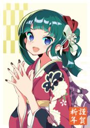 Rule 34 | 1girl, :d, blue eyes, blunt bangs, bow, brown nails, ceros, checkered background, egasumi, fingernails, floral print, flower, green hair, hair bow, hair bun, hair flower, hair ornament, hair rings, hands up, happy new year, idol land pripara, japanese clothes, kimono, long hair, long sleeves, looking at viewer, nail polish, nengajou, new year, obi, open mouth, own hands together, pretty series, print kimono, pripara, red bow, red kimono, sash, sidelocks, simple background, smile, solo, steepled fingers, teeth, tsukikawa chili, two-tone background, upper body, upper teeth only, white background, white bow, white flower, wide sleeves, yellow background