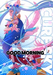 Rule 34 | 1girl, ahoge, artist logo, blue cape, blue dress, blue eyes, blue footwear, blue hair, boots, cape, character name, commentary request, cure sky, detached sleeves, dress, english text, gloves, good morning, gradient background, hair ornament, highres, hirogaru sky! precure, kamikita futago, long hair, magical girl, multicolored hair, pink hair, precure, puffy short sleeves, puffy sleeves, red cape, short sleeves, solo, sora harewataru, stamp mark, standing, streaked hair, thighhighs, thighs, twintails, two-tone cape, two-tone hair, very long hair, white gloves, white thighhighs, wing hair ornament
