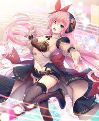 Rule 34 | 1girl, ange vierge, artist request, black thighhighs, breasts, cleavage, detached collar, detached sleeves, frills, garter straps, headphones, leg up, long hair, looking at viewer, medium breasts, megurine luka, megurine luka (vocaloid4), midriff, navel, official art, outstretched arm, overskirt, pink hair, purple eyes, see-through, shoes, shorts, solo, sparkle, thighhighs, very long hair, vocaloid
