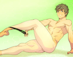 Rule 34 | 10s, 1boy, brown eyes, brown hair, free!, green background, kyoto animation cm, mabataki, male focus, nipples, nude, short hair, solo, swimsuit, tachibana makoto, tan, tanline, thighs, undressing, wet, wet hair
