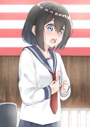 Rule 34 | 1girl, bad id, bad pixiv id, black sailor collar, black skirt, blue eyes, blurry, blurry background, blush, brown hair, chair, collarbone, commentary request, crying, crying with eyes open, depth of field, hair between eyes, highres, long sleeves, looking away, necktie, open mouth, original, pleated skirt, red necktie, sailor collar, school uniform, serafuku, shirt, skirt, solo, standing, striped, suzunari shizuku, tears, translation request, white shirt, yuki arare