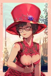 Rule 34 | 1girl, breasts, brown hair, cleavage, cleavage cutout, closed mouth, clothing cutout, dress, facial mark, final fantasy, final fantasy xiv, glasses, highres, large breasts, lochris, looking at viewer, miqo&#039;te, nipples, no bra, one breast out, red dress, red headwear, round eyewear, short hair, solo, warrior of light (ff14), whisker markings, yellow eyes