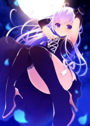 Rule 34 | 1girl, ahoge, black dress, black footwear, black hat, black thighhighs, boots, brown eyes, commentary request, convenient leg, detached sleeves, dress, full body, full moon, hat, high heel boots, high heels, highres, long hair, long sleeves, looking at viewer, mini hat, mini top hat, moon, original, parted lips, petals, purple hair, ribbon, see-through, show (rinnetenshow), sleeveless, sleeveless dress, solo, thigh boots, thighhighs, top hat, very long hair, white ribbon