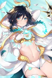 Rule 34 | 1boy, absurdres, alternate costume, androgynous, black hair, blue hair, blush, braid, capelet, chest tattoo, closed mouth, crop top, detached sleeves, feathered wings, feathers, flower, genshin impact, glowing, glowing hair, gradient hair, green eyes, hair flower, hair ornament, highres, hood, hood down, hooded capelet, long sleeves, looking at viewer, male focus, mandy (moniponichan), midriff, multicolored hair, navel, short hair with long locks, shorts, single thighhigh, smile, solo, tattoo, thighhighs, twin braids, venti (archon) (genshin impact), venti (genshin impact), white flower, white shorts, wings