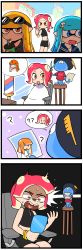 Rule 34 | 3girls, 4koma, :d, ?, absurdres, barber pole, bare shoulders, black skirt, blonde hair, blue hair, blue sailor collar, comic, crop top, cup, drinking straw, goggles, goggles on head, hair ornament, highres, inkling, inkling girl, inkling player character, jellyfish (splatoon), lakilolom, mirror, multiple girls, navel, nintendo, octoling, octoling girl, octoling player character, open mouth, orange eyes, photo (object), pointy ears, red hair, sailor collar, sanpaku, silent comic, skirt, smile, speech bubble, splatoon (series), splatoon 2, splatoon 2: octo expansion, tentacle hair, thought bubble