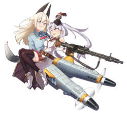 Rule 34 | 2girls, absurdres, ammunition belt, animal ears, breasts, closed eyes, commission, denim, eila ilmatar juutilainen, female focus, full body, general-purpose machine gun, girls&#039; frontline, gloves, gun, hat, high heels, highres, holding, holding weapon, long hair, machine gun, mg42 (girls&#039; frontline), mg 42, midriff, morin, multiple girls, necktie, nike (company), official art, open mouth, pants, pleated skirt, purple eyes, sd bigpie, shirt, sideboob, simple background, skirt, smile, strike witches, tail, thighhighs, twintails, weapon, white background, white hair, world witches series