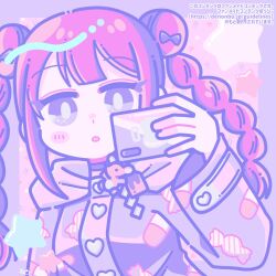 Rule 34 | 1girl, :o, blush, bow, braid, candy print, cellphone, choker, commentary request, commission, denonbu, double bun, hair bow, hair bun, hand up, holding, holding phone, hood, hoodie, inubousaki shian, long hair, long sleeves, looking at viewer, open mouth, pastel colors, phone, pill print, pink hair, purple eyes, purple hoodie, second-party source, skeb commission, smartphone, solo, star (symbol), twin braids, upper body, yazawa mametarou