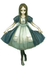 Rule 34 | 1girl, alice: madness returns, alice (alice in wonderland), alice in wonderland, alice liddell (american mcgee&#039;s alice), american mcgee&#039;s alice, apron, bad id, bad pixiv id, brown hair, dress, green eyes, long hair, pantyhose, solo, zihling