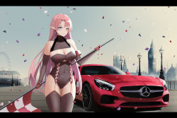 Rule 34 | absurdres, azur lane, backless leotard, breasts, car, checkered flag, cleavage, confetti, duke of york (azur lane), duke of york (prestige of the glorious formula) (azur lane), elbow gloves, elizabeth tower, ferris wheel, flag, garter straps, gloves, heattech leotard, highres, holding, kcar66t, large breasts, leotard, letterboxed, mercedes-benz, mercedes-benz amg gt, motor vehicle, official alternate costume, pink hair, pointy ears, product placement, race queen, thighhighs, turtleneck, vehicle focus