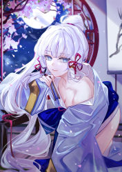 Rule 34 | 1girl, absurdres, ayaka (genshin impact), bare shoulders, bent over, blue eyes, blue kimono, blunt bangs, branch, breasts, cleavage, genshin impact, hair ribbon, half-closed eyes, hand fan, highres, japanese clothes, kimono, long sleeves, looking at viewer, mole, mole under eye, moon, night, night sky, off shoulder, ribbon, scroll, sidelocks, sky, smile, solo, vardan, white hair, wide sleeves