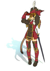 Rule 34 | 00s, blonde hair, blue eyes, feathers, final fantasy, final fantasy xi, gloves, hat, mithra (ff11), red mage (final fantasy), sword, tail, weapon