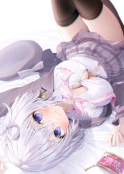 Rule 34 | 1girl, arm up, bed sheet, beret, black hat, black jacket, black thighhighs, blurry, blurry background, bow, breasts, cleavage, collared shirt, commentary request, depth of field, dress shirt, grey hair, grey skirt, hair between eyes, hand up, hat, highres, indie virtual youtuber, jacket, knees up, large breasts, long sleeves, looking at viewer, lying, naito mare (vtuber), navy (navy.blue), on back, open clothes, open jacket, pink bow, plaid, plaid skirt, pleated skirt, purple eyes, shirt, skindentation, skirt, solo, thighhighs, unworn hat, unworn headwear, virtual youtuber, white shirt
