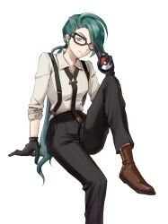Rule 34 | 1girl, absurdres, asymmetrical bangs, black gloves, black pants, brown footwear, business suit, collared shirt, creatures (company), ear piercing, earrings, flat chest, formal, game freak, glasses, gloves, green hair, highres, holding, holding poke ball, jewelry, long hair, nintendo, otterowo, pants, piercing, poke ball, poke ball (basic), pokemon, pokemon sv, ponytail, red eyes, rika (pokemon), shirt, shoes, short sleeves, solo, suit, suspenders, triangle earrings