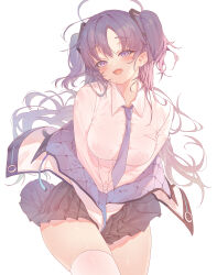 Rule 34 | 1girl, absurdres, black skirt, blue archive, blue necktie, blush, breasts, collared shirt, cowboy shot, hair between eyes, halo, highres, jacket, large breasts, long hair, long sleeves, mechanical halo, necktie, open mouth, pleated skirt, purple eyes, purple hair, shirt, simple background, skirt, smile, solo, torano, two-sided fabric, two-sided jacket, two side up, white background, white shirt, yuuka (blue archive)