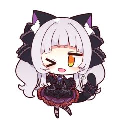 Rule 34 | &gt; o, 1girl, animal ears, bare shoulders, black bow, black dress, blunt bangs, bow, brown eyes, cat ears, cat tail, chibi, commentary request, detached sleeves, dress, frilled dress, frills, full body, gothic lolita, hololive, lolita fashion, murasaki shion, murasaki shion (gothic lolita), muuran, one eye closed, open mouth, silver hair, simple background, solo, tail, tail ornament, virtual youtuber, white background