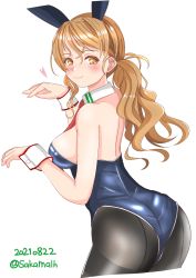 Rule 34 | 1girl, absurdres, animal ears, ass, back, bare shoulders, black leotard, black pantyhose, blush, bow, bowtie, breasts, brown eyes, brown hair, covered navel, dated, detached collar, fake animal ears, fake tail, highres, kantai collection, leotard, littorio (kancolle), long hair, looking at viewer, looking back, medium breasts, necktie, nitamako (sakamalh), pantyhose, playboy bunny, ponytail, rabbit ears, rabbit tail, side-tie leotard, sideboob, solo, strapless, strapless leotard, tail, thighband pantyhose, twitter username, wavy hair, wrist cuffs