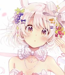 Rule 34 | 1girl, animal ears, blue bow, blush, bow, bowtie, breasts, brown eyes, collarbone, hair bow, hair ornament, highres, jewelry, looking at viewer, necklace, niikura kaori, original, parted lips, pink hair, pink ribbon, rabbit ears, ribbon, small breasts, solo, strapless, upper body, white bow, wrist ribbon