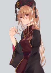 Rule 34 | 1girl, asuzemu, black dress, blonde hair, commentary request, cowboy shot, dress, grey background, hair between eyes, headdress, junko (touhou), light smile, long hair, long sleeves, looking at viewer, neck ribbon, red eyes, ribbon, simple background, sleeves past wrists, solo, standing, tabard, tassel, touhou, very long hair, wide sleeves, yellow ribbon