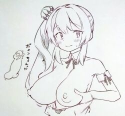 Rule 34 | 1girl, bare shoulders, breasts, cevio, collarbone, copyright request, detached collar, elbow gloves, gloves, hair ornament, highres, large breasts, looking at viewer, monochrome, nipples, penis, penis face, satou sasara, side ponytail, sidelocks, solo, traditional media, translation request, tsukareta san, upper body