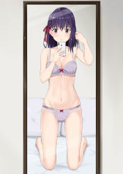 Rule 34 | 1girl, absurdres, barefoot, bed sheet, bow, bow bra, bow panties, bra, braid, breasts, cellphone, cleavage, collarbone, fate/stay night, fate (series), full body, groin, hair ribbon, hand in own hair, highres, holding, holding phone, iphone, iphone x, k-ya., kneeling, long hair, matou sakura, medium breasts, mirror, navel, on bed, panties, phone, pillow, purple bra, purple eyes, purple hair, purple panties, red ribbon, ribbon, sideboob, smartphone, solo, underwear, underwear only