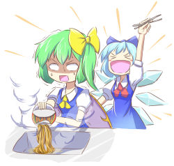 Rule 34 | &gt;:d, 2girls, :d, chopsticks, cirno, cup ramen, daiyousei, dress, excited, female focus, highres, instant ramen, multiple girls, open mouth, peroponesosu., pouring, shaded face, sink, smile, square mouth, steam, touhou, v-shaped eyebrows, white background, worried