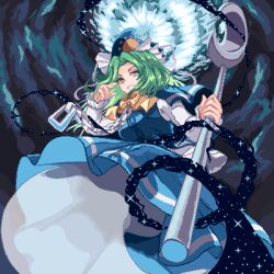 1girl blue_cape blue_capelet blue_hat blue_skirt blue_vest bow bowtie breasts cape capelet chain commentary_request green_eyes green_hair grin happy hat hat_ribbon holding holding_staff juliet_sleeves long_hair long_sleeves medium_breasts mima_(touhou) nukekip outdoors pixel_art puffy_sleeves ribbon shirt skirt skirt_set smile solo staff sun_print touhou touhou_(pc-98) vest white_ribbon white_shirt wizard_hat yellow_bow yellow_bowtie