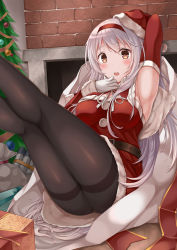 Rule 34 | 1girl, absurdres, arm up, armpits, black pantyhose, blush, box, breasts, brown eyes, chimney, christmas tree, detached sleeves, gift, gift box, gloves, highres, kantai collection, large breasts, legs, long hair, looking at viewer, open mouth, pantyhose, santa costume, shoukaku (kancolle), silver hair, sitting, solo, thighband pantyhose, very long hair, white gloves, zhou yu (ppaaqz1995)