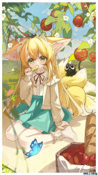 Rule 34 | 1girl, absurdres, animal ear fluff, animal ears, apple, apple tree, arknights, baguette, blonde hair, blue butterfly, border, bread, bug, butterfly, buttons, cardigan, commentary, creature, dated, day, flower, food, food in mouth, frilled socks, frills, fruit, full body, green eyes, hair between eyes, highres, holding, holding food, ice cream, insect, kakyouin2002, long hair, long sleeves, looking at viewer, multiple tails, neck ribbon, no shoes, off shoulder, open cardigan, open clothes, outdoors, pantyhose, picnic, plant, popsicle, red apple, red ribbon, ribbon, shirt, sitting, socks, socks over pantyhose, solo, sunlight, suzuran (arknights), tail, tree, wariza, white border, white cardigan, white flower, white pantyhose, white shirt, white socks, white tail, yellow tail