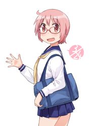 Rule 34 | 1girl, :d, ahoge, bag, bespectacled, blue sailor collar, blue skirt, commentary request, cowboy shot, dated, from side, glasses, hand up, katatsuka kouji, long sleeves, looking at viewer, neckerchief, nonohara yuzuko, open mouth, pink eyes, pink hair, pleated skirt, red-framed eyewear, sailor collar, school bag, school uniform, school uniform (yuyushiki), serafuku, shirt, short hair, shoulder bag, skirt, smile, solo, speech bubble, standing, waving, white background, white shirt, yellow neckerchief, yuyushiki