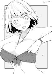 Rule 34 | 1girl, adjusting clothes, adjusting swimsuit, bikini, blush, breasts, collarbone, embarrassed, greyscale, kichihachi, large breasts, looking down, monochrome, original, outside border, short hair, simple background, solo, swimsuit, twitter username, upper body, wardrobe malfunction, wristband