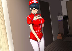 Rule 34 | 1girl, black eyes, black hair, blush, breasts, cleavage, cleavage cutout, clothes pull, clothing cutout, door, embarrassed, female focus, greco roman (spiral brain), hand on own chest, hand up, hat, highres, indoors, large breasts, legs, looking at viewer, matching hair/eyes, nose blush, nurse, nurse cap, open mouth, original, pantyhose, short hair, shrug (clothing), smile, solo, standing, thighs, uniform