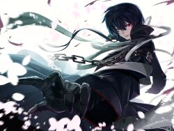 Rule 34 | 1boy, black gloves, black hair, black jacket, chain, commentary request, falling petals, fighting stance, foreshortening, gloves, hair between eyes, high collar, jacket, long ribbon, long sleeves, looking at viewer, motion blur, nose, ootori sakuya, parted lips, petals, red eyes, rewrite, ribbon, short hair, simple background, smile, solo, tagame (tagamecat), v-shaped eyebrows, white background, white ribbon