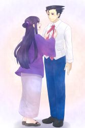 Rule 34 | 1boy, 1girl, ahoge, alternate costume, alternate hairstyle, maya fey, black hair, blue eyes, blush, capcom, fingernails, full body, ace attorney, hair ornament, half updo, height difference, highres, japanese clothes, kimono, long hair, long sleeves, phoenix wright, necktie, no jacket, no socks, aged up, open mouth, pants, purple eyes, sandals, short hair, smile, spiked hair, toenails, wide sleeves