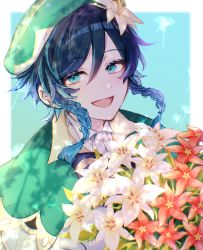 1boy androgynous beret black_hair blue_hair bouquet bow braid cape collared_cape collared_shirt commentary_request dandelion english_text flower genshin_impact gradient_hair green_background green_eyes green_hat hair_flower hair_ornament happy_birthday hat highres holding holding_bouquet leaf looking_at_viewer male_focus multicolored_hair open_mouth red_flower rikka_44 shirt short_hair_with_long_locks simple_background smile solo twin_braids venti_(genshin_impact) white_flower white_shirt