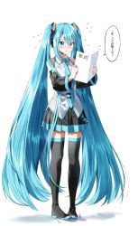 Rule 34 | 1girl, black footwear, black skirt, black sleeves, black thighhighs, blue eyes, blue hair, blue necktie, blush, boots, collared shirt, commentary request, detached sleeves, flying sweatdrops, full body, hair between eyes, hatsune miku, headphones, headset, highres, holding, long hair, long sleeves, looking away, necktie, open mouth, pentagon (railgun ky1206), pleated skirt, shadow, shirt, skirt, sleeveless, sleeveless shirt, solo, standing, thigh boots, thighhighs, tie clip, translation request, twintails, very long hair, vocaloid, wavy mouth, white background, white shirt, wide sleeves