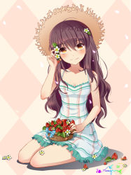 Rule 34 | 1girl, bare arms, bare shoulders, basket, brown eyes, brown hair, dress, flower, food, fruit, hair flower, hair ornament, hat, kneeling, lace, lace-trimmed dress, lace trim, long hair, original, plaid, plaid dress, shirt, signature, sleeveless, solo, straw hat, strawberry, striped clothes, striped shirt, sun hat, sundress, wavy hair, yun zi