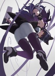 Rule 34 | 1girl, absurdres, ass, black bandages, black bow, black hair, blake belladonna, boots, bow, breasts, coattails, from below, full body, gambol shroud, gradient hair, hair bow, high heel boots, high heels, highres, holding, holding sword, holding weapon, long hair, looking at viewer, looking down, medium breasts, multicolored hair, open mouth, pantyhose, purple hair, purple pantyhose, rwby, ryoha kosako, short shorts, shorts, solo, sword, thighs, two-tone hair, wavy hair, weapon, white shorts, wire