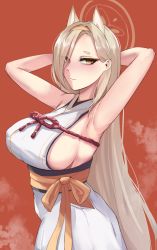 Rule 34 | 1girl, animal ears, armpits, arms up, bare arms, bare shoulders, blue archive, blush, breasts, brown eyes, brown hair, closed mouth, from side, halo, highres, kaho (blue archive), large breasts, long hair, looking at viewer, orange background, sideboob, simple background, sleeveless, smile, solo, tyamurai33