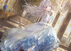 Rule 34 | 1girl, :d, blue bow, blue dress, blue footwear, bow, commentary request, day, dress, dutch angle, floating hair, flower, grey hair, hair bow, hallway, hand up, high heels, highres, indoors, looking at viewer, missile228, open mouth, original, purple eyes, rose, shoes, short sleeves, smile, solo, standing, standing on one leg, table, white dress, white flower, white rose, wide sleeves, window